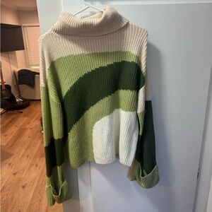 Turtleneck Striped Green & Cream Knit Sweater